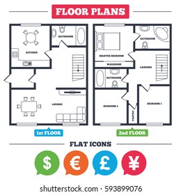Architecture plan with furniture. House floor plan. Dollar, Euro, Pound and Yen currency icons. USD, EUR, GBP and JPY money sign symbols. Kitchen, lounge and bathroom. Vector