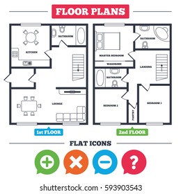 Architecture plan with furniture. House floor plan. Plus and minus icons. Delete and question FAQ mark signs. Enlarge zoom symbol. Kitchen, lounge and bathroom. Vector