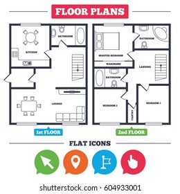 Architecture plan with furniture. House floor plan. Mouse cursor icon. Hand or Flag pointer symbols. Map location marker sign. Kitchen, lounge and bathroom. Vector