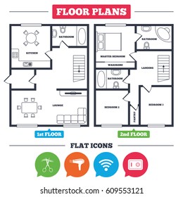 Architecture plan with furniture. House floor plan. Hotel services icons. Wi-fi, Hairdryer and deposit lock in room signs. Wireless Network. Hairdresser or barbershop symbol. Vector