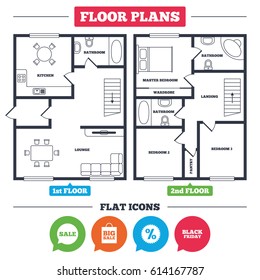 Architecture plan with furniture. House floor plan. Sale speech bubble icon. Discount star symbol. Black friday sign. Big sale shopping bag. Kitchen, lounge and bathroom. Vector