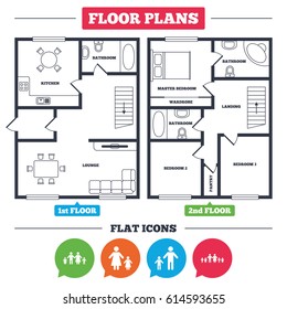 Architecture plan with furniture. House floor plan. Large family with children icon. Parents and kids symbols. One-parent family signs. Mother and father divorce. Kitchen, lounge and bathroom. Vector