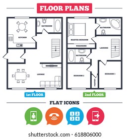 Architecture plan with furniture. House floor plan. Phone icons. Smartphone video call sign. Call center support symbol. Cellphone keyboard symbol. Kitchen, lounge and bathroom. Vector