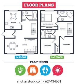Architecture plan with furniture. House floor plan. Beach holidays icons. Cocktail, human footprints and swimming trunks signs. Summer sun symbol. Kitchen, lounge and bathroom. Vector