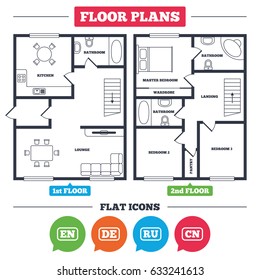 Architecture plan with furniture. House floor plan. Language icons. EN, DE, RU and CN translation symbols. English, German, Russian and Chinese languages. Kitchen, lounge and bathroom. Vector