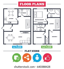 Architecture plan with furniture. House floor plan. Social media icons. Chat speech bubble and Share link symbols. Like thumb up finger sign. Human person profile. Kitchen, lounge and bathroom. Vector