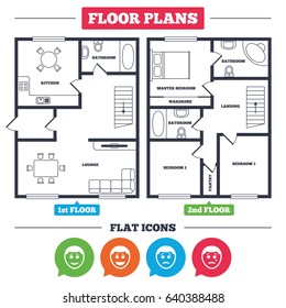 Architecture plan with furniture. House floor plan. Human smile face icons. Happy, sad, cry signs. Happy smiley chat symbol. Sadness depression and crying signs. Kitchen, lounge and bathroom. Vector