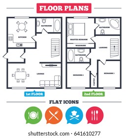 Architecture Plan With Furniture. House Floor Plan. Plate Dish With Forks And Knifes Icons. Chef Hat Sign. Crosswise Cutlery Symbol. Dining Etiquette. Kitchen, Lounge And Bathroom. Vector