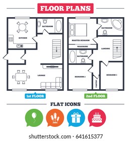 Architecture plan with furniture. House floor plan. Birthday party icons. Cake and gift box signs. Air balloons and fireworks rockets symbol. Kitchen, lounge and bathroom. Vector