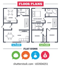 Architecture plan with furniture. House floor plan. Wallet with cash coin and piggy bank moneybox symbols. Dollar USD currency sign. Kitchen, lounge and bathroom. Vector