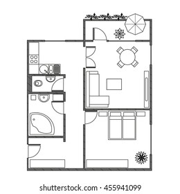 Architecture plan with furniture in top view of 2-rooms apartment with balcony. Modern interiors