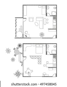 Architecture plan with furniture in top view of 1-rooms apartment with balcony or terrace. Modern interiors. Set of different variants of studio-apartment