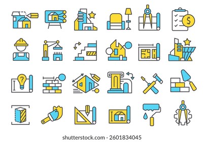 Architecture plan icons. Building project plan icons, architectural design house blueprint, engineering and planning construction, residential apartment color outline vector set.