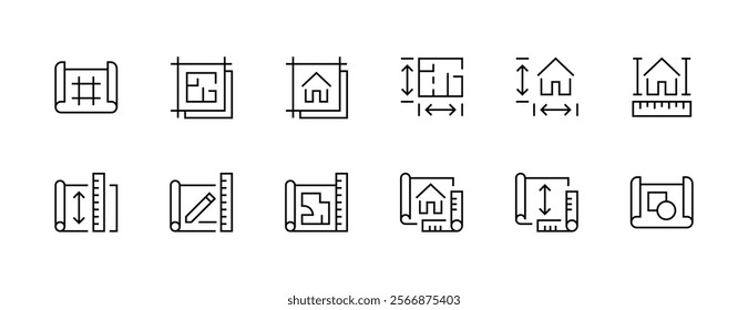 Architecture and planning icon collection. Blueprint, scheme, dimension, project, measurement, floor plan and more. Editable stroke. Pixel Perfect. Grid base 32px.