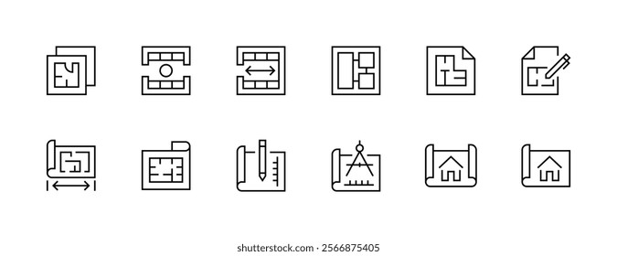 Architecture and planning icon collection. Blueprint, scheme, dimension, project, measurement, floor plan and more. Editable stroke. Pixel Perfect. Grid base 32px.