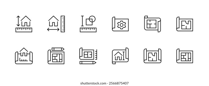 Architecture and planning icon collection. Blueprint, scheme, dimension, project, measurement, floor plan and more. Editable stroke. Pixel Perfect. Grid base 32px.