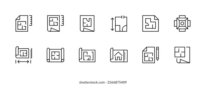 Architecture and planning icon collection. Blueprint, scheme, dimension, project, measurement, floor plan and more. Editable stroke. Pixel Perfect. Grid base 32px.