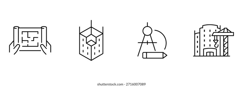 Conjunto de iconos de planificación de arquitectura, plano de manos, modelo de construcción isométrica, dibujo a lápiz de brújula, ilustración de desarrollo de grúa de construcción de ciudad.