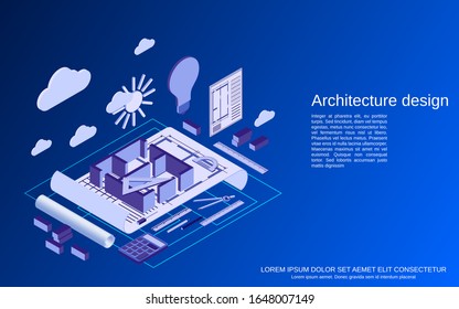 Architecture planning, interior project, architect workplace, computer design flat 3d isometric illustration