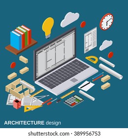 Architecture planning, interior project, architect workplace, computer design flat 3d isometric illustration. Modern web graphic concept
