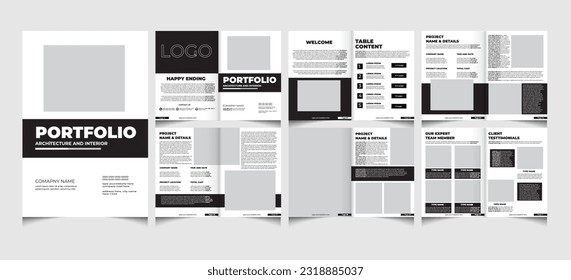 Plantilla de portafolio de arquitectura o diseño de carteras interiores con un tamaño de 4. Diseño de plantillas de portafolio.