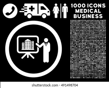 Architecture Presentation icon with 1000 medical commerce white vector pictograms. Design style is flat symbols, black background.
