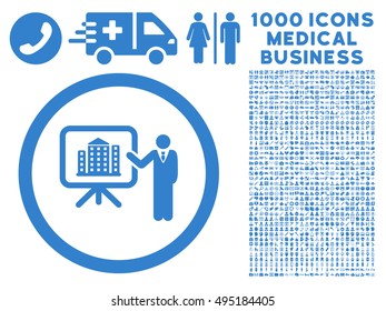 Architecture Presentation icon with 1000 medical commerce cobalt vector pictographs. Design style is flat symbols, white background.