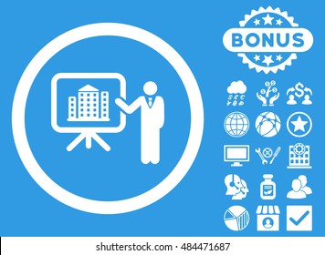 Architecture Presentation icon with bonus images. Vector illustration style is flat iconic symbols, white color, blue background.