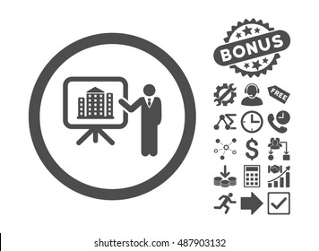 Architecture Presentation icon with bonus images. Vector illustration style is flat iconic symbols, gray color, white background.