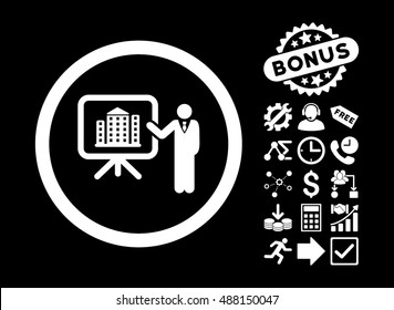 Architecture Presentation icon with bonus images. Vector illustration style is flat iconic symbols, white color, black background.