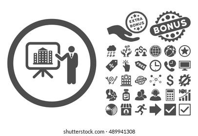 Architecture Presentation icon with bonus icon set. Vector illustration style is flat iconic symbols, gray color, white background.