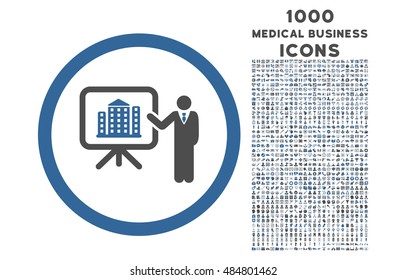 Architecture Presentation rounded vector bicolor icon with 1000 medical business icons. Set style is flat pictograms, cobalt and gray colors, white background.