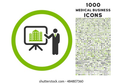 Architecture Presentation rounded vector bicolor icon with 1000 medical business icons. Set style is flat pictograms, eco green and gray colors, white background.