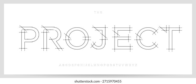 Proyecto de arquitectura Logotipo de fuente Vector de letras de impresión azul Conjunto de tipografía arquitectónica moderna, esquema técnico Diseño tipográfico para arquitecto Título Texto Póster Titular. Tipografía de Vector