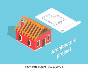 Architecture project, house template, color banner isolated on bright blue, vector illustration with building project, house layout, paper with plan