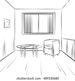Architecture  project sketch. Living room.  Place for reading. Chair, table and window with louver.
