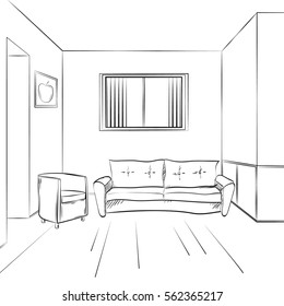 Architecture project sketch. Living room furniture. Place for reading. Sofa, pillow, armchair and window with louver. hand drawn couch. vector sketch.