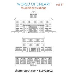 Architecture public municipal government school university college library police station hospital building graphical line art style icon set. World of lineart collection.