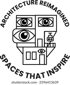 Architecture reimagined spaces inspire. The logo is a face with eyes and a house. The text is in black and white