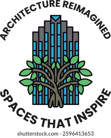 Architecture reimagined spaces inspire. A tree is growing out of a building. The tree is green and the building is blue