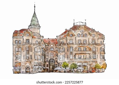 Architecture romania watercolor hand drawn illustration isolated on white background