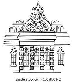 Arquitectura De Rusia. Moscú neogótico. Conjunto del Palacio y el Parque Tsaritsyno. Dibujo vectorial en estilo de esbozo aislado en un fondo blanco. Para libros de historia del arte, páginas de colorear para niños.