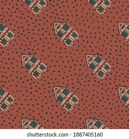 Architecture seamless pattern with doodle house ornament. Maroon dotted background. Perfect for fabric design, textile print, wrapping, cover. Vector illustration.