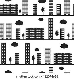 Architecture seamless pattern. Silhouettes of houses. Flat style. Black and white background, the trees and the clouds on the horizon. Office building. Architectural background. Vector illustration.