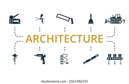 Architecture set. Creative icons: staple gun, spray gun, hacksaw, scraper, bulldozer, jackhammer, glue gun, extension cord, building level, conveyor belt.
