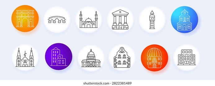 Architecture set icon. Cathedral landmark, mosque building, government institution, residential tower, historic monument, urban construction, civic heritage, municipal structure