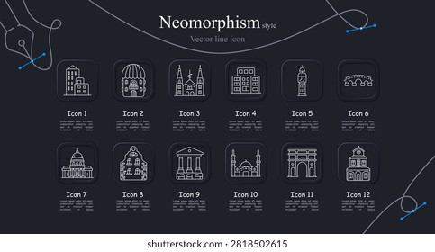 Architecture set icon. Residential apartment structure, commercial marketplace facade, religious cathedral construction, institutional complex graphics, historic landmark illustration.