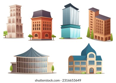 Architecture set. This is a flat, cartoon-style design set of various architectural buildings, including houses, towers, and monuments. Vector illustration.
