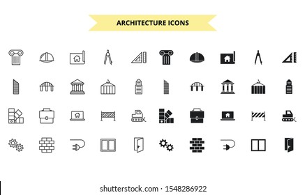Architecture silhouettes and outline style vector icons set