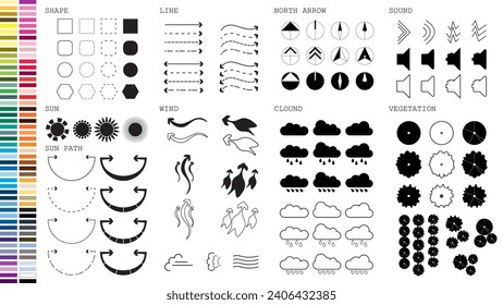 architecture site analysis symbol icon element drawing graphic flat isolated vector. architecture element line sun wind sound sun path vegetation. 